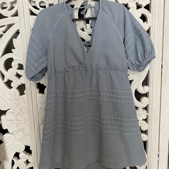 Madewell Blue Chambray Cotton Bow Tie Back Ruffle Short Sleeve Shift Dress Sz L - Picture 2 of 7